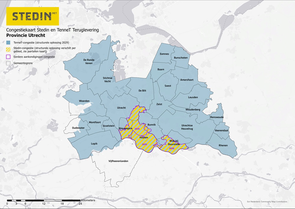 Kaart die de Stedin en Tennet congestie van teruglevering laat zien in de provincie Utrecht