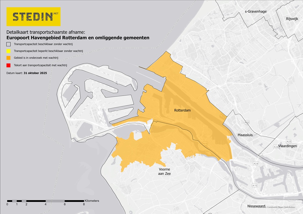 Detailkaart transportschaarste afname Europoort Havengebied Rotterdam en omliggende gemeenten
