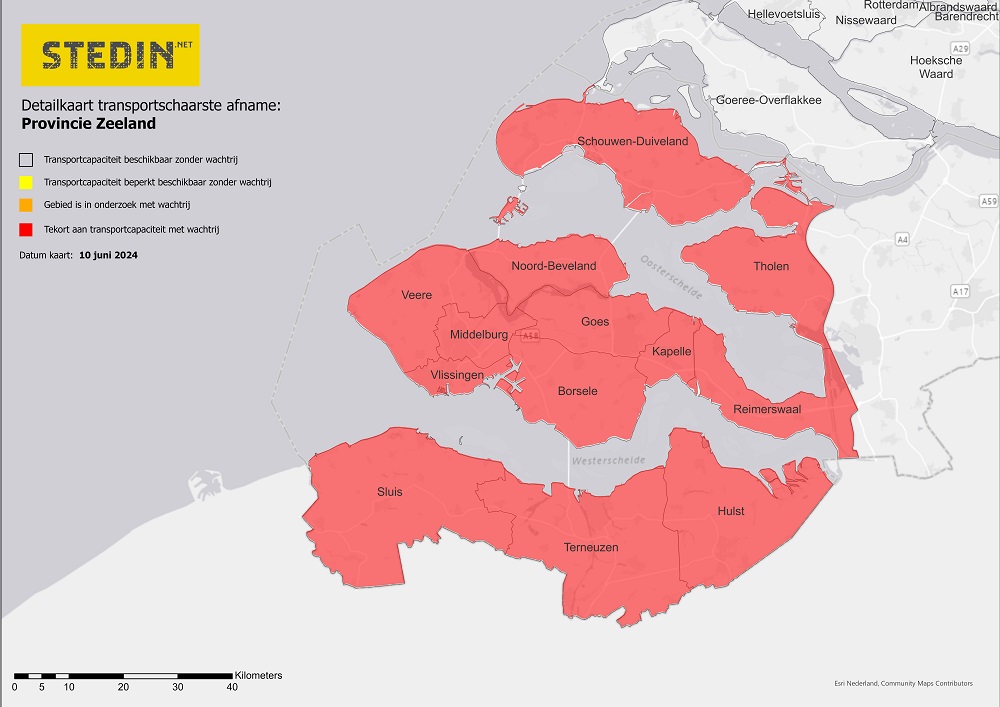 Kaart die transportschaarste weergeeft voor afname in Zeeland