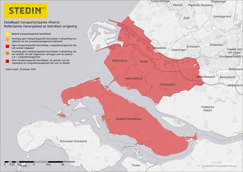 Kaart die het congestiegebied toont van Rotterdamse haven en omliggende gebieden