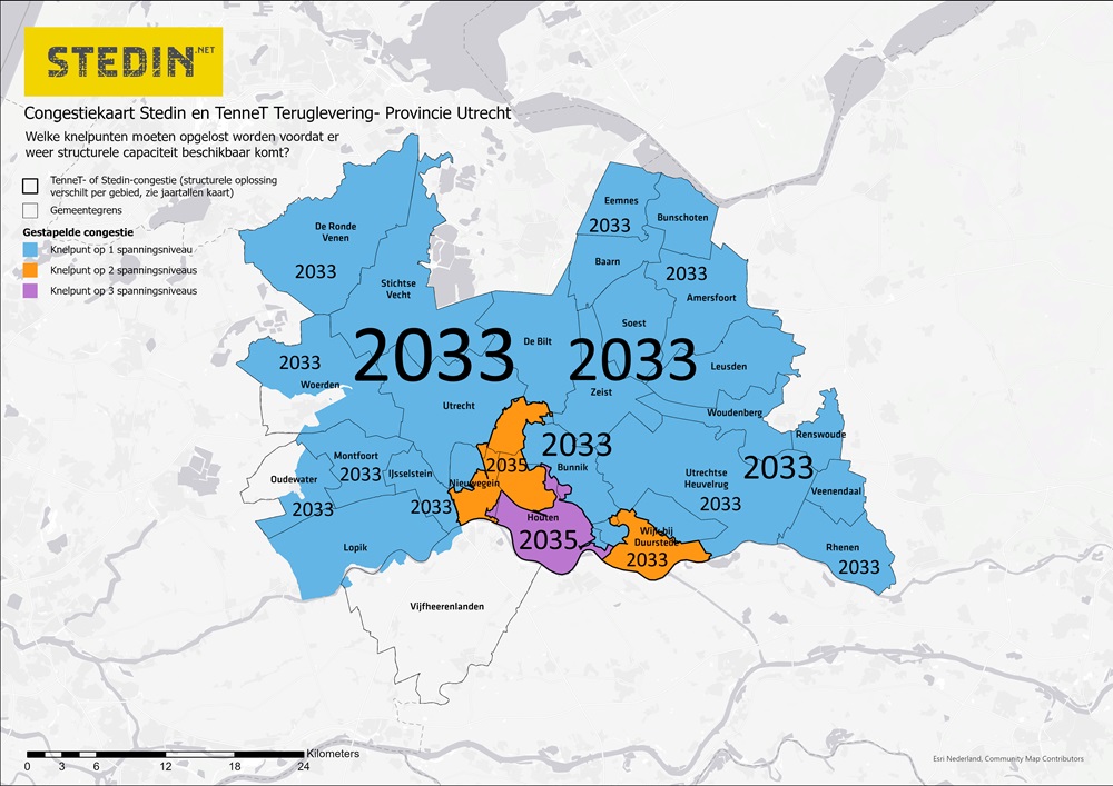 Kaart die de Stedin en Tennet congestie van teruglevering laat zien in de provincie Utrecht van 12 juni 2025