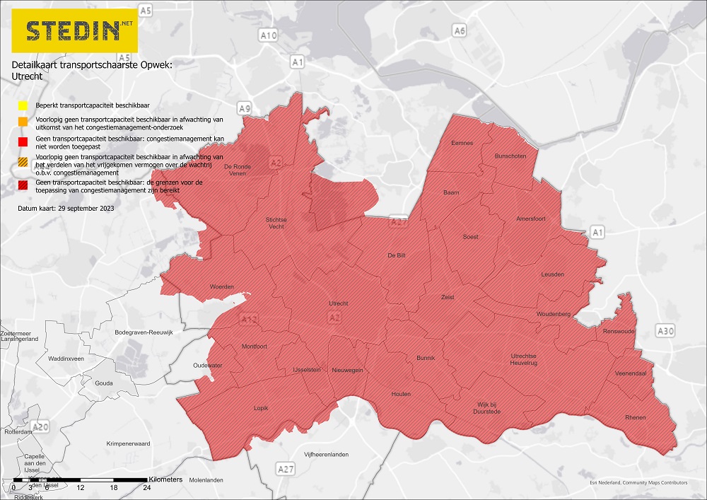 Kaart die transportschaarste weergeeft in regio Utrecht