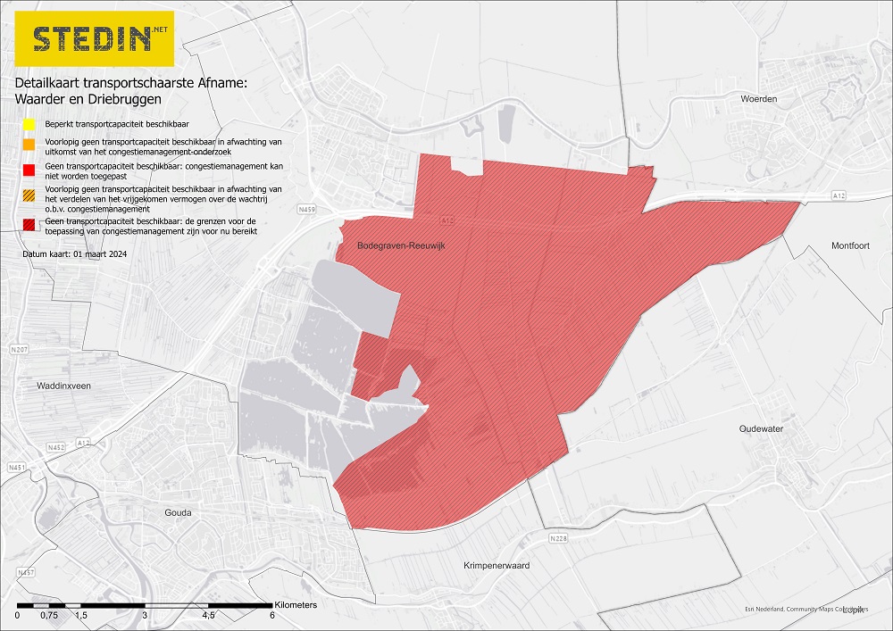 Kaart die het congestiegebied Waarder en Driebruggen toont