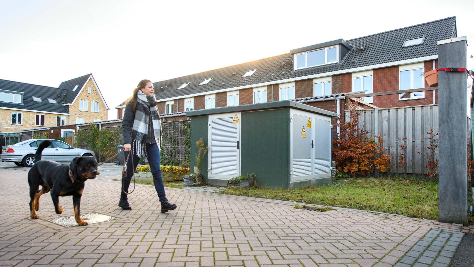 Vrouw met hond loopt in een woonwijk op de achtergrond staan elektriciteitshuisjes 